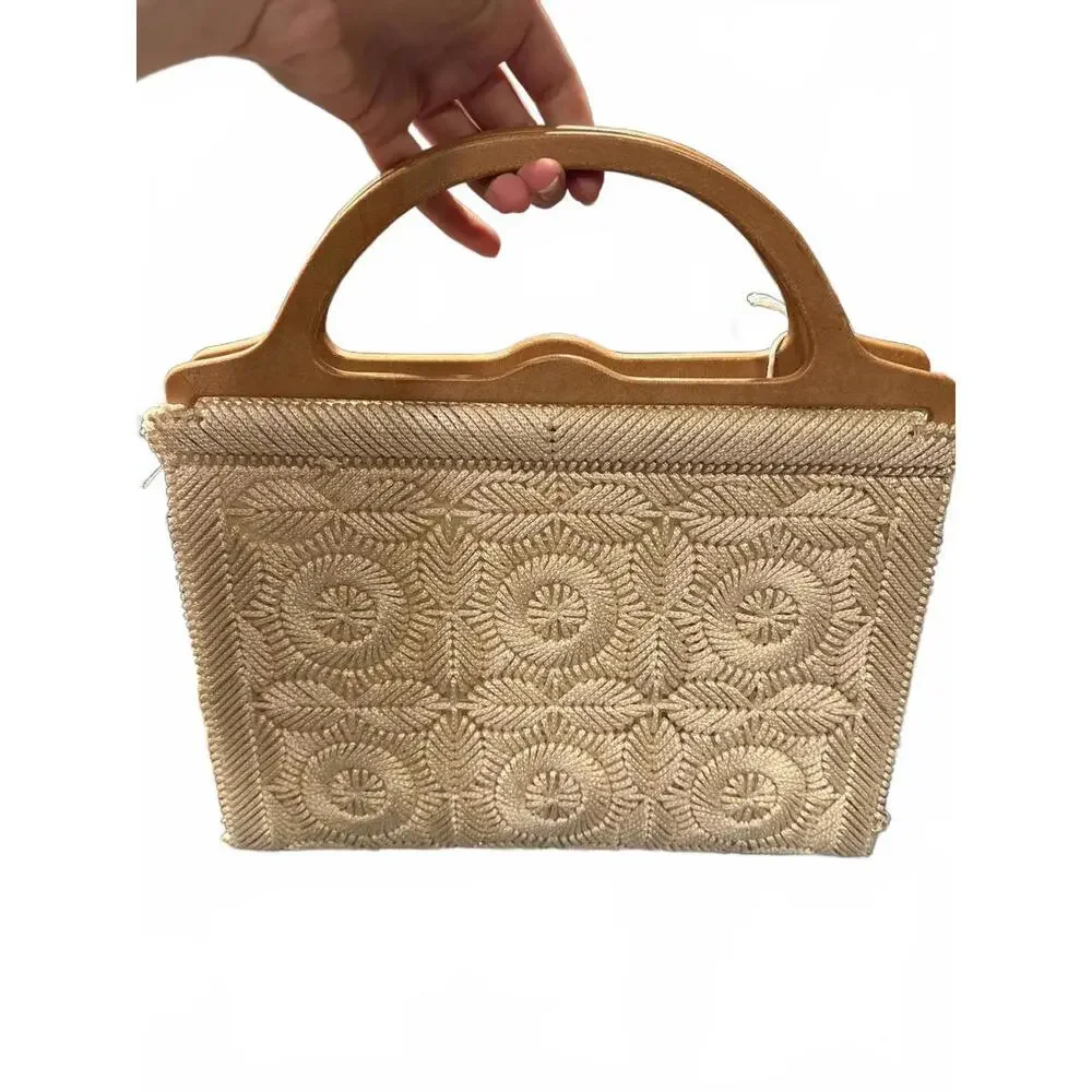 70s Vintage Needlepoint Boho Handbag with Wood Handle - Picture 5 of 5